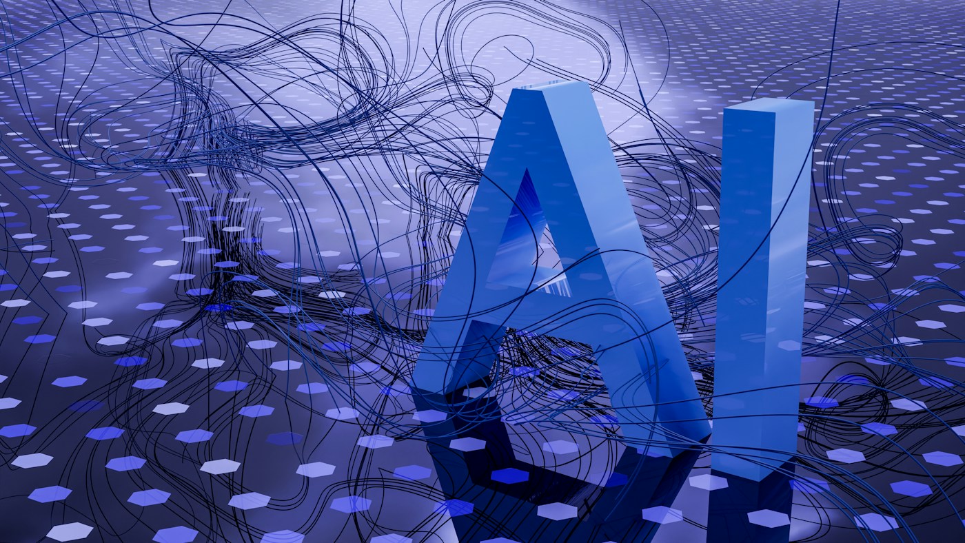 Three-dimensional AI letters surrounded by connected data lines